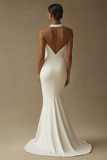 White Keyhole Satin Mermaid Long Formal Dress with Slit